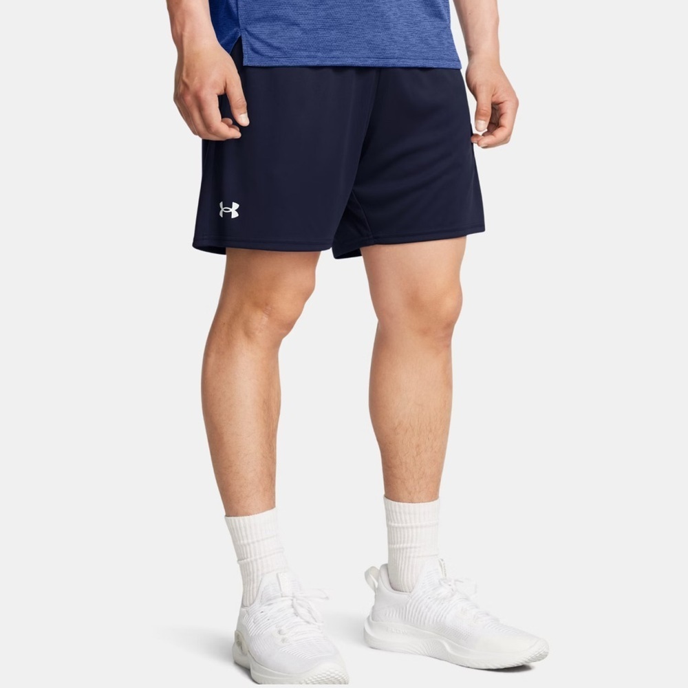 🔥 Under Armour Navy Wordmark Athletic Shorts Men’s L NWOT Gym Training New 🏃‍♂️🔥